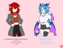 2girls bernadette_(cafe_risque) cafe_risque character_profile character_select colored dr._fertiliae_(cafe_risque) elf_female glasses inventor light-skinned_female monarch_breaker scientist sfw stats succubus