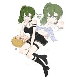 1girls artist_name black_dress blue_eyes boots busty cleavage english_text green_hair legs light-skinned_female light_skin netapai ponytail short_dress sousou_no_frieren sparkles ubel_(sousou_no_frieren)