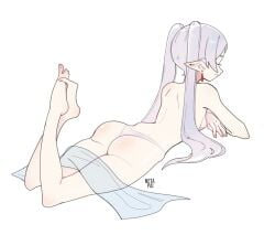 1girls artist_name ass back_view closed_eyes earrings elf elf_ears elf_female feet_up frieren half_naked laying_on_stomach light-skinned_female light_skin netapai panties sideboob sousou_no_frieren twintails white_background white_hair