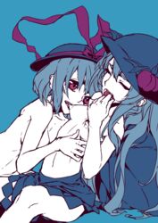 2girls arched_back biting blue_background blue_hair breasts closed_eyes female food fruit hand_to_own_mouth hands_on_another's_chest hat hat_ribbon iku_nagae long_hair looking_at_another multiple_girls nipple_biting nipples nude peach_(fruit) red_eyes ribbon rock sideboob simple_background sitting skirt small_breasts tenshi_hinanawi thupoppo topless touhou yuri