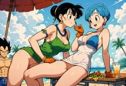 1boy 2girls ai_generated beach black_eyes black_hair blue_eyes blue_hair bottomless bulma_briefs chichi clouds dragon_ball dragon_ball_super dragon_ball_z echoanomaly half_naked pussy sea sky vegeta