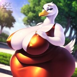 2023 ai_generated anthro_only avian belly big_belly big_breasts breasts chubby chubby_female female goose looking_at_viewer mommy nipples overweight overweight_female slightly_chubby slightly_chubby_female tail thepyromancerfox