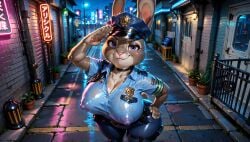 1girls above_view ai_generated anthro ass big_ass big_breasts big_thighs blue_eyes bonnie_hopps breasts bunny bunny_ears bunny_girl choker chubby chubby_female disney erect_nipples eyebrows eyelashes female fully_clothed furry hand_on_hip hi_res high_quality high_resolution highres huge_ass huge_breasts huge_thighs large_breasts leg_belt looking_at_viewer massive_ass massive_breasts neon_lights night nipples outdoors outside police police_uniform policewoman rabbit rabbit_ears rabbit_girl salute smug solo stable_diffusion standing sweat sweatdrop sweating synthneon thick_ass thick_thighs zootopia