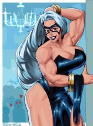 1girls artist_name big_breasts black_cat_(marvel) black_dress bracelets busty cleavage felicia_hardy female light-skinned_female light_skin marvel marvel_comics mask muscular muscular_female signalicy smiling spider-man_(series) white_hair