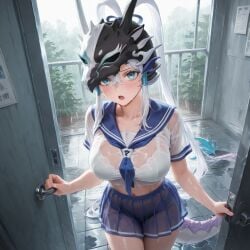 1girls ai_generated blue_eyes bra breasts dragon_girl dragon_tail female female_focus helmet large_breasts lingerie lingerie_bra long_hair looking_at_viewer outdoors purple_skirt rain raining school_uniform schoolgirl see-through see-through_clothing skirt solo solo_female solo_focus swordsoul_of_mo_ye wet wet_body wet_clothes wet_clothing white_hair yu-gi-oh!