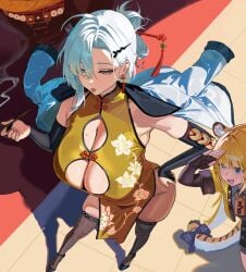 2girls cleavage clothed clothing dress female female_only hairpin hintobento hoyoverse ju_fufu large_breasts light-skinned_female light_skin mihoyo mole mole_on_breast tied_hair white_hair yixuan_(zenless_zone_zero) zenless_zone_zero