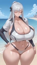 1girls ai_generated ak-12_(girls'_frontline) beach big_breasts bikini breasts_bigger_than_head cleavage closed_eyes curvaceous curvy_female female female_only girls'_frontline hana_aera hand_on_hip hourglass_figure large_breasts light-skinned_female light_skin long_hair outdoors standing swimsuit thick thick_thighs two-piece_swimsuit venus_body voluptuous voluptuous_female water white_hair wide_hips