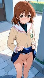 1boy ai_generated blush brown_eyes brown_hair clannad crossdressing femboy furukawa_nagisa genderswap_(ftm) hikarizaka_private_high_school_uniform jacket lifted_by_self lifting_skirt looking_at_viewer male penis rule_63 school school_uniform solo tagme tehmar testicles trap