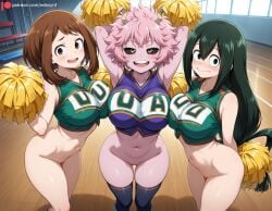 3girls ai_generated armpits arms_behind_back arms_behind_head ashido_mina asui_tsuyu bare_shoulders big_breasts black_eyes black_sclera blue_thighhighs blush boku_no_hero_academia bottomless breast_press breasts breasts breasts brown_eyes brown_hair cheerleader cheerleader_outfit cheerleader_uniform closed_mouth collarbone colored_sclera crop_top day demon_horns edosynf embarrassed excited female female_only flustered from_above froppy gym gymnasium hair_between_eyes highres horns huge_breasts indoors large_breasts large_tits legs_together light_blush long_hair looking_at_viewer midriff mina_ashido multiple_girls my_hero_academia navel ochako_uraraka open_mouth pom_pom_(cheerleading) pussy school_gym self_upload sexually_suggestive shiny shiny_hair shiny_skin short_hair shy side-by-side sidelocks standing stomach sunlight sweatdrop take_your_pick tank_top thick_thighs thighhighs thighs tsuyu_asui u.a._cheerleader_outfit u.a._cheerleader_uniform uncensored upper_teeth_only uraraka_ochako wooden_floor yellow_eyes yuri zettai_ryouiki