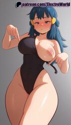1girls 2026 ai_generated artist_name blue_eyes blue_hair blush breasts bust chest dawn_(pokemon) electroworld exposed_nipples female gradient_background grey_background hair_ornament half-closed_eyes hi_res high_quality high_resolution highres index_finger_raised long_hair nipples nipples_outside one-piece_swimsuit patreon patreon_username pokemon stable_diffusion swimsuit thick_thighs thighs watermark
