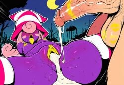 1boy ai_generated blush breasts bulge cum_drip cum_filled_belly cum_in_pussy cum_inside cum_overflow excessive_cum female gaped_pussy gloves lipstick lipstick_on_balls lipstick_on_penis lying_on_vack male mario_(series) nipples outdoor_sex outdoors paper_mario paper_mario:_the_thousand-year_door penis pink_hair purple_skin pussy pussy_juice stockings stomach stomach_bulge striped_stockings sweat testicles tongue_piut vaginal_penetration vivian_(paper_mario) witch_hat yellow_nipples yellow_pussy yellow_tongue