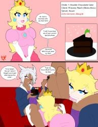 2koma azure_(cafe_risque) cafe_risque cake_slice cock_hungry cock_worship couch dark-skinned_male dialogue_bubble eating_food food heart-shaped_pupils imminent_oral implied_oral kneeling_oral_position light-skinned_female monarch_breaker princess_peach