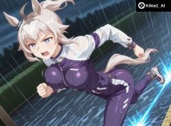 ai_generated ass big_breasts dynamic_pose female female_focus girl jacket kikia1 oguri_cap_(umamusume) open_mouth outdoors pants ponytail rain running skinny sport sports_uniform toned umamusume umamusume_pretty_derby white_hair