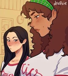 2girls asian black_hair blush brazil breast_envy breasts brics brown_hair china curly_hair dark-skinned_female dark_skin ear_piercing earrings female girl_staring_at_guy's_chest girl_staring_at_guy's_chest_(meme) headband jewelry large_breasts looking_at_breasts loopsie loopsieart medium_breasts meme multiple_girls national_personification nose_blush original personification piercing straight_hair uniform yuri