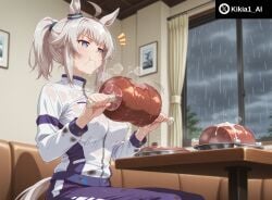 ai_generated ass big_breasts eating eating_food female female_focus girl indoors kikia1 kitchen meat oguri_cap_(umamusume) ponytail skinny toned umamusume umamusume_pretty_derby white_hair
