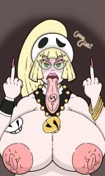 1girls 2d alternate_costume areolae bandana bangle big_breasts bitch blonde_hair bracelet exposed_breasts eyeshadow female female_focus female_only flipping_off green_eyes guavagrunt hat huge_breasts jewelry lillie_(pokemon) lipstick long_fingernails long_nails long_tongue makeup mean middle_finger necklace nipple_piercing nude nude_female personality_change piercing pink_eyeshadow pink_fingernails pink_lipstick pink_makeup pink_nails pink_nipples pokemon ponytail pov pov_eye_contact simple_background tattoo tattoo_on_breast tattoo_on_tongue team_skull team_skull_grunt team_skull_grunt_(female) tongue_out tongue_piercing topless topless_female wristband