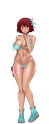 aqua_footwear bare_shoulders bikini black_background blue_bikini blue_bra blue_footwear blush boots bra breasts brown_hair cg chiho_(hentai_heroes) cleavage collarbone dark-skinned_female dark_skin female finger_to_mouth full_body green_eyes hair_ornament hair_ribbon hentai_heroes holding index_finger_raised kinkoid knees_together_feet_apart large_breasts looking_at_viewer navel official_art panties parody red_hair shoes short_hair shushing smile solo standing stomach strap_slip swimsuit thigh_strap thighs transparent_background underwear