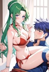 ai_generated bandana beach big_breasts bikini blue_hair breasts couple cowgirl_position earrings elincia_ridell_crimea fire_emblem fire_emblem:_path_of_radiance fire_emblem:_radiant_dawn green_hair ike_(fire_emblem) large_breasts muscular muscular_male nintendo pecs red_bikini spoon straight summer