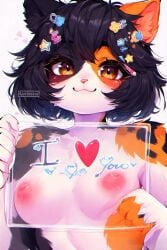 anthro anthro_cat breasts cat_ears catgirl happy sign text topless