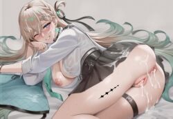 after_sex ai_generated anus ass blonde_hair breasts breasts_out cum_in_ass cum_in_pussy game_character legs lynae_(wuthering_waves) needs_tags on_ground playful pleated_skirt tacet_mark_(wuthering_waves) wuthering_waves