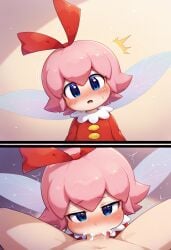1boy 1girls ai_generated blowjob blush comic confusion cum cum_in_mouth deepthroat fairy head_tilt instant_loss_2koma kirby_(series) kirby_64 kirby_64:_the_crystal_shards lidded_eyes pink_hair red_dress red_ribbon ribbon_(kirby)