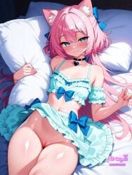 ai_assisted ai_generated animal_ears aqua_eyes bare_shoulders bed bed_sheet blue_bow blush bow cat_ears choker closed_mouth collarbone crop_top eyebrows_visible_through_hair female flirtzy.ai frilled_pillow heart_pillow long_hair lying navel on_back on_bed pillow pillow_grab pillow_hug pink_hair pussy skirt smile solo uncensored