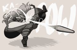 1girls 2025 2d_(artwork) bodysuit boots bullet digital_drawing_(artwork) eyepatch female_only freckles freckles_on_breasts freckles_on_face gun huge_breasts lucy_fuchs scout_(smokestackstory) solo_female sound_effects tied_hair tripping twintails wardrobe_malfunction weapon