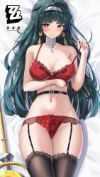 1girls absurdres astra_yao big_breasts black_garter_straps black_hair black_thighhighs bra breasts commentary_request copyright_logo dakimakura_(medium) dokimaru earrings female garter_straps hairband highres jewelry lace lace_bra lace_panties large_breasts long_hair looking_at_viewer lying microphone_stand navel on_back on_bed panties purple_eyes red_bra red_panties smile solo stomach thighhighs thighs underwear very_long_hair white_hairband zenless_zone_zero