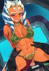 1girl1boy abs ahsoka_tano ai_generated blue_eyes blush clenched_teeth darth_vader female_orgasm from_above gloves jagat_ai male/female orange_skin penis princess_leia_organa_(cosplay) pussy pussy_peek saliva sex star_wars straight sweat toned_female