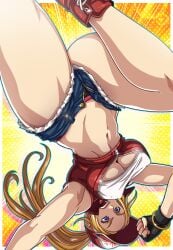 attack black_panties blonde_hair blue_eyes breasts cleavage denim denim_shorts fatal_fury female female fingerless_gloves genderswap_(mtf) gloves hat highres jacket legs open_fly panties rule_63 rule_63 sano-br sano_br shirt shoes shorts sneakers snk snk_heroines:_tag_team_frenzy solo terry_bogard the_king_of_fighters underboob underwear white_shirt white_shirtking_of_fighters