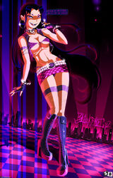 1girls 2d alien alien_girl alien_look_like_human bimbo black_hair blackfire boots breasts cartoon_network cleavage comic dc dc_comics dialogue female fishnet_legwear g-string gloves high_heel_boots high_heels hoop_earrings hourglass_figure komand'r microskirt pinup shadman spiked_collar tamaranean tan-skinned_female tan_skin teen_titans text thighhighs whale_tail