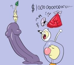 ambiguous_gender breasts currency_symbol deadpan dildo dollar_sign duo elemental_creature emote female flora_fauna genitals humanoid leaf linebore machine male micro nintendo nipples olimar pikmin pikmin_(species) plant pussy question_mark sex_toy standing_on_object symbol vulva yellow_body