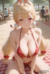 2025 ai_generated alice_thymefield animal_ear_fluff animal_ears bangs bare_shoulders barefoot bikini blonde_hair blush braid breasts cleavage closed_mouth collarbone day extra_ears female female female_focus front-tie_bikini_top front-tie_top hair_ornament halterneck heterochromia hoyoverse large_breasts long_hair looking_at_viewer low_twintails mihoyo multiple_boys multiple_girls navel nsfw o-ring outdoors plaid red_bikini red_eyes rognezart side-tie_bikini_bottom sitting smile solo solo_focus swimsuit tree twintails very_long_hair virtual_youtuber wariza yellow_eyes zenless_zone_zero