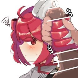 1boy 1girls 2d 2d_(artwork) ahoge blush blush blush_lines censored censored_penis cum cum_on_hair female hair_ornament hairbow hairjob kasane_teto kasane_teto_(sv) looking_to_the_side male penis red_eyes red_hair straight synthesizer_v twin_drills utau white_background zunsakuramotii