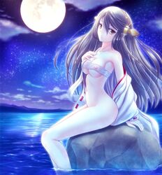 arm_support bare_legs bare_shoulders black_hair bottomless boulder breasts brown_eyes budget_sarashi cleavage cloud collarbone detached_sleeves feet_in_water female full_moon hair_between_eyes hair_ornament hairband hairclip hand_on_own_chest haruna_(kantai_collection) head_tilt japanese_clothes kantai_collection legs long_hair looking_at_viewer moon navel night night_sky nipples no_panties off_shoulder open_clothes parted_lips personification ribbon-trimmed_sleeves ribbon_trim rock ryu-akt sarashi see-through sheer sitting sky soaking_feet solo star_(sky) starry_sky stone underboob undressing water