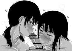 1boy :>= absurdres bar_censor blush breasts censored chainsaw_man cooperative_fellatio fellatio greyscale hair_around_ear highres kaiman_garupan large_breasts long_hair looking_at_viewer mitaka_asa monochrome nude open_mouth oral penis pov pov_crotch simple_background steaming_body straight sweat teamwork_(sexual) white_background yoru_(chainsaw_man)