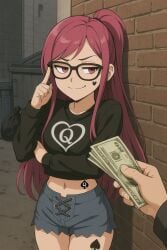 ai_generated alley bitch black_outfit blacked denied denied_sex desperation exposed_torso face_tattoo garbage glasses humiliation long_hair midriff oc offering_money original_character pink_eyes pink_hair pinku_(oc) ponytail pose prostitution qos queen_of_spades shorts smug smug_face spade_tattoo stomach_tattoo
