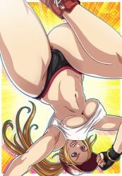 attack black_panties blonde_hair blue_eyes breasts cleavage denim denim_shorts fatal_fury female female fingerless_gloves genderswap_(mtf) gloves hat highres jacket legs open_fly panties rule_63 rule_63 sano-br sano_br shirt shoes shorts sneakers snk snk_heroines:_tag_team_frenzy solo terry_bogard the_king_of_fighters underboob underwear white_shirt white_shirtking_of_fighters