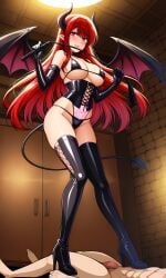 1boy ai_generated bangs bare_shoulders bikini black_bikini black_choker black_footwear black_gloves black_legwear black_thighhighs blush boots breasts choker cleavage clothed_female_nude_male clothing corset demon_girl demon_horns demon_tail demon_wings dominatrix elbow_gloves erection female female footwear gloves high_heel_boots high_heels holding holding_whip horns indoors large_breasts latex legwear long_hair looking_at_viewer lying male mouth_hold navel nude open_mouth penis pointy_ears pubic_tattoo red_eyes red_hair riding_crop shoes smile solo_focus standing straight succubus swimsuit tail tattoo thigh_boots thighhighs thighs whip wings