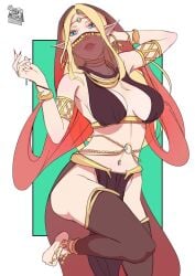 1girls adult adult_female armband armpits belly belly_button belly_dancer belly_dancer_outfit big_breasts blonde_eyebrows blonde_female blonde_hair blonde_hair blonde_hair_female blue_eyes blue_eyes_female boosted_bonobo breasts busty busty_female busty_girl character_request collarbone copyright_request dancer_outfit elbows female female_focus female_only fingernails fingers full_body hand_behind_head head_tilt high_resolution highres hourglass_figure knees large_breasts lean_figure leggings legs legwear lips long_hair looking_at_viewer mature mature_female midriff nail_polish nails narrow_waist navel over-kneehighs parted_bangs plump_breasts pointy_ears red_fingernails red_nail_polish red_nails shoulders simple_background slender_body slender_waist slim_waist solo standing stockings thick_thighs thigh_highs thighhighs thighs tilted_head white_background wide_hips