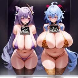 2girls ai_generated areola_slip auction bare_shoulders belly big_breasts bikini blush breast_size_comparison breast_size_difference breast_to_breast chu_lian_sama chubby chubby_female cleavage elbow_gloves english_text fat fat_girl female frown ganyu_(genshin_impact) genshin_impact gigantic_breasts huge_breasts indoors keqing_(genshin_impact) large_breasts leopard_print leopard_print_bikini leopard_print_elbow_gloves leopard_print_thighhighs mature_female micro_bikini micro_panties micro_swimsuit milf navel oiled oiled_body oiled_skin open_mouth panicking plump seductive slut slutty_face submissive submissive_female sweat sweatdrop sweating sweaty sweaty_armpits swimsuit teeth text thick_thighs thighhighs wide_hips