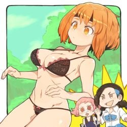 armpit_crease bare_arms bare_belly bare_legs bare_shoulders bare_thighs belly_button big_breasts black_bra black_hair black_panties blush bra breasts candice_(pokemon) cleavage closed_mouth collarbone gardenia_(pokemon) groin lace-trimmed_bra lace-trimmed_panties long_hair maylene_(pokemon) open_mouth orange_eyes panties pink_hair pokemon shiny_skin shirt short_hair surprised thighs toned_female twintails underwear white_shirt yucopi
