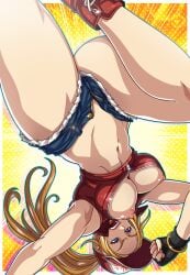 black_panties blonde_hair blue_eyes breasts cleavage denim denim_shorts fatal_fury female fingerless_gloves genderswap genderswap_(mtf) gloves hat highres jacket legs open_fly panties rule_63 sano-br shirt shoes shorts sneakers snk snk_heroines:_tag_team_frenzy solo terry_bogard the_king_of_fighters underboob underwear white_shirt