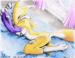 2005 anthro bed breasts canine chest_tuft claws closed_eyes digimon elbow_gloves facial_markings female fox fur furry gloves lady_owl markings pillow renamon solo tuft yellow_fur