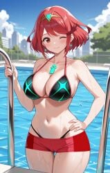 1girl ;) ;\\\\\\\\) adapted_costume ai-created ai_generated bangs bare_shoulders beach bikini black_bikini black_swimsuit blue_sky blush breasts chest_jewel clavicle cleavage closed_mouth clothing cloud cowboy_shot crown day drop_earrings earrings female female_only halterneck hand_on_hip hand_on_own_hip headpiece headwear high_resolution highleg highleg_swimsuit homura_(xenoblade_2) jewelry ladder large_breasts looking_at_viewer multicolored multicolored_bikini multicolored_clothes multicolored_swimsuit navel ocean one-piece_swimsuit one_eye_closed outdoors partially_submerged pool pool_ladder poolside portrait pyra_(xenoblade) red_bikini red_eyes red_hair red_shorts red_swimsuit rena_aikawa_(pixiv_user) short_hair short_shorts shorts skindentation sky smile solo standing stomach string_bikini swept_bangs swimsuit thigh_gap thighs tiara tree two-tone_bikini two-tone_swimsuit wading water wet wink xeno_(series) xenoblade_(series) xenoblade_chronicles_2