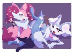 3_toes 4_fingers absurd_res accessory anthro arm_tuft big_ears black_body black_fur blush bodily_fluids braixen cheek_tuft cherry_blossom chest_tuft choker clitoris facial_tuft feet female female/female fingers flat_chested flower flower_in_hair fluffy fluffy_tail fur generation_6_pokemon genital_fluids genitals grey_body grey_fur hair hair_accessory hanami_the_braixen hand_on_floor hand_on_leg heart_accessory hi_res hip_tuft inner_ear_fluff iris_the_braixen jewelry necklace nintendo pink_body pink_eyes pink_fur plant pokemon pokemon_(species) prunus_(flower) raised_leg sarox sex shoulder_tuft stick tail toes tribadism tuft vaginal_fluids vaginal_penetration vulva white_body white_fur wing_accessory