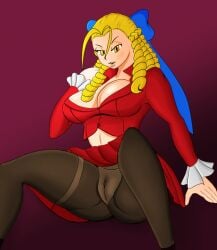 2d blazer blonde_hair breasts busty capcom cleavage drill_hair female hazel_eyes hourglass_figure karin_kanzuki large_breasts long_hair makeup miniskirt pantyhose sitting skirt street_fighter street_fighter_v tagme takumi-exe wide_hips