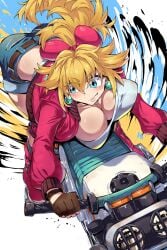 1girls blonde_hair blue_eyes busty cleavage earrings hairbow huge_breasts jean_shorts light-skinned_female light_skin mario_(series) mario_kart mario_kart_world motorcycle ponytail princess_peach racing riding_motorcycle simure460