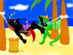 2boys anthro anthro_urethral_insertion beach crossed_legs drache dragon drink_umbrella equine erection hammock hand_behind_head hindpaw holding_penis horse leonides licking_foot male male_urethral_insertion octopus palm_trees patrik paws seaside sleeping sleepy summer swimming_trunks talpimado tongue_out urethral_insertion urethral_penetration