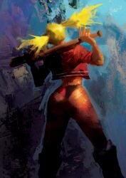 1girls ass baseball_bat behind_view blonde_female blonde_hair dc_comics from_behind harley_quinn licarto long_hair pantless solo twintails